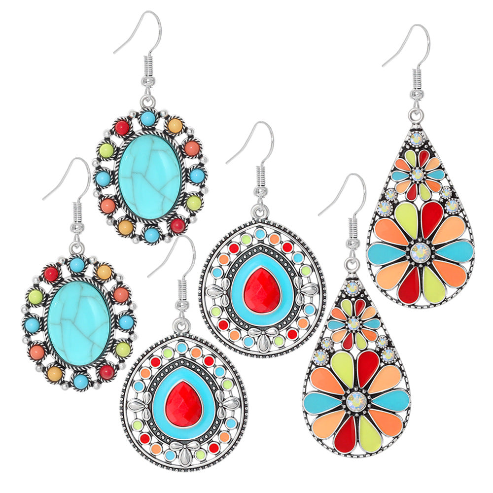 Wholesale Alloy Bohemian Hook Earrings Retro Ethnic Turquoise Oil-Drip Style for Women Gift Boutique Resale
