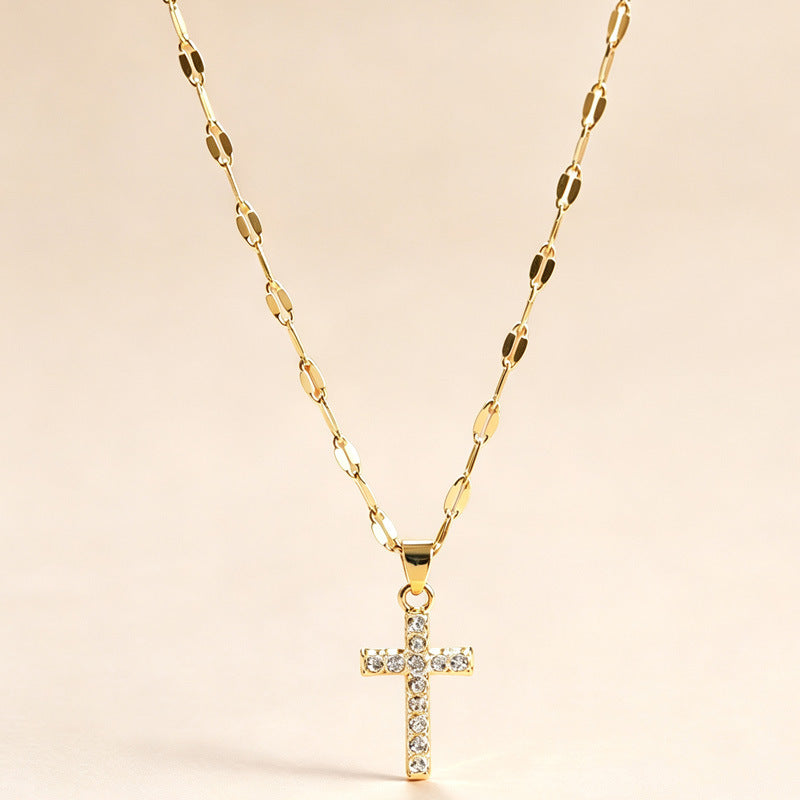 Wholesale Punk Style Cross-Border European and American Diamond-Encrusted Cross Sweater Necklace for Women,  Light Luxury Sweatshirt Chain,  Simple and Versatile Clavicle Chain