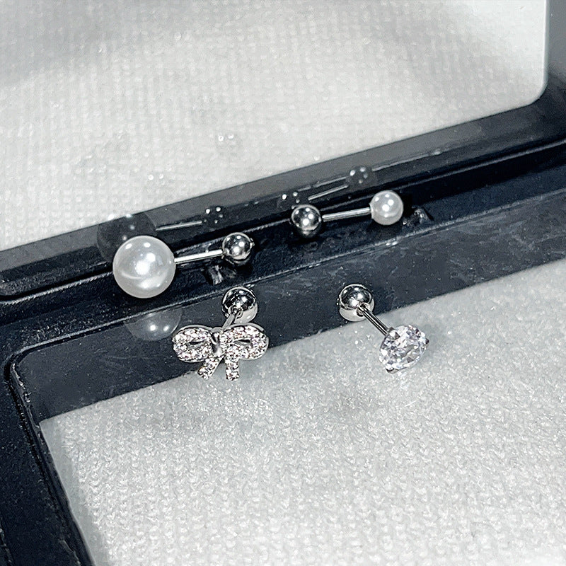 Wholesale  Bow Pearl Titanium Steel Screw Ear Nail Earrings