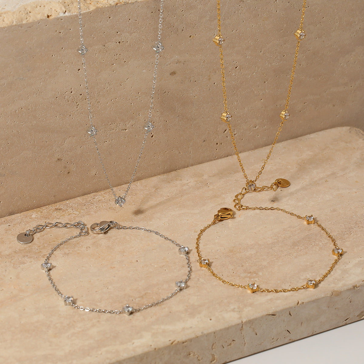 Wholesale Stainless steel zircon necklace bracelet anklet suit