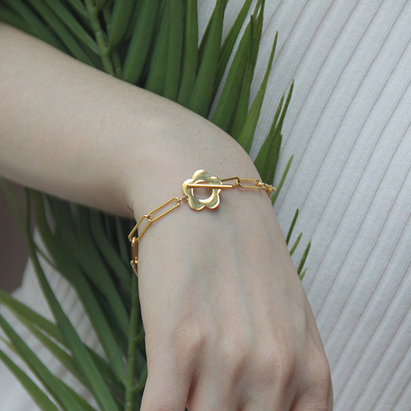 Wholesale Women' s Titanium Steel Bracelet with OT Clasp and Floral Charm — 18K Gold Plated