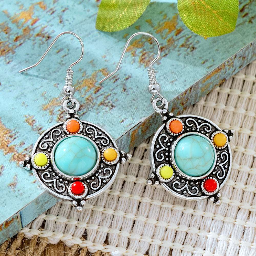 Wholesale Alloy Retro Ethnic Turquoise Bohemian Geometric Oil Drip Earrings Jewelry Accessory