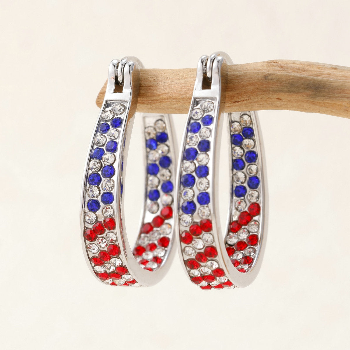 Wholesale Metal Electroplated Rhinestone Red and Blue Two-Color Earrings Fashion Jewelry Accessory for Independence Day