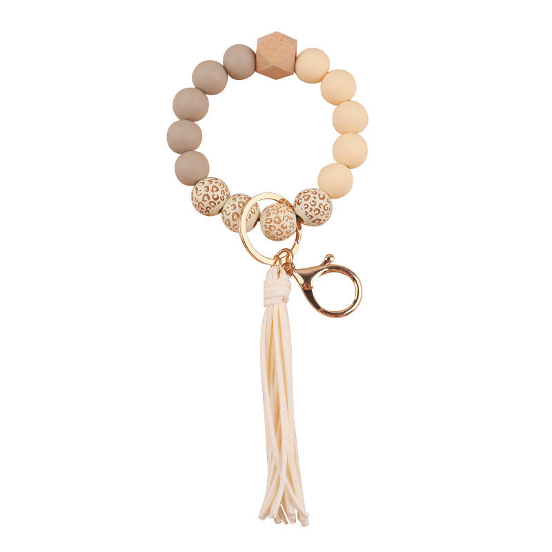 Wholesale Leopard Print Silicone Beads Tassel Wrist Keychain Wristlet Keychain ACC-KC-GuangTian046