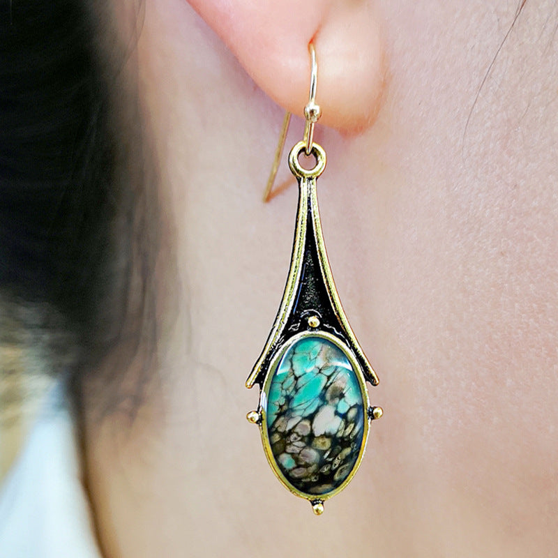 Wholesale Retro Gold Marble Drop Flower Earrings,  Turquoise Ear Hook,  Chic Jewelry Accessory,  Gift for Her