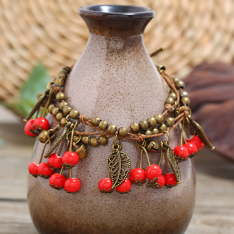 Wholesale Retro Forest Style Cherry Bracelet Ethnic Style Tassel Ceramic Bracelet Vintage ACC-BT-Luox003