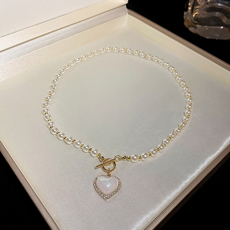Wholesale Silver Needle Diamond Pearl Double Circle Heart Necklace  ACCVIP-NE-KJ002