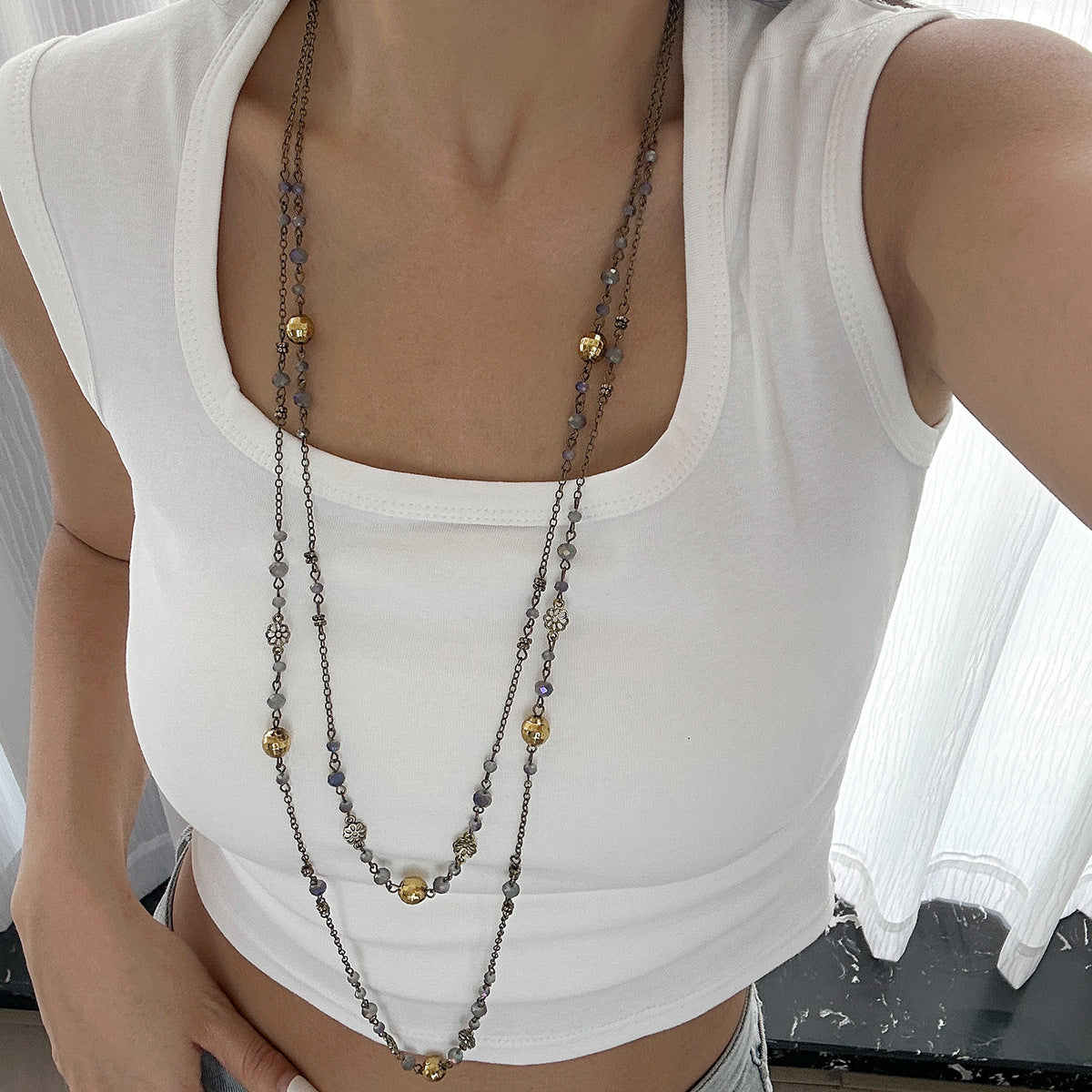 Wholesale Retro Ethnic Style Layered Imitation Pearl Long Necklace With Gold Tone Star Pendant Jewelry Accessory For Gift And Boutique Resale
