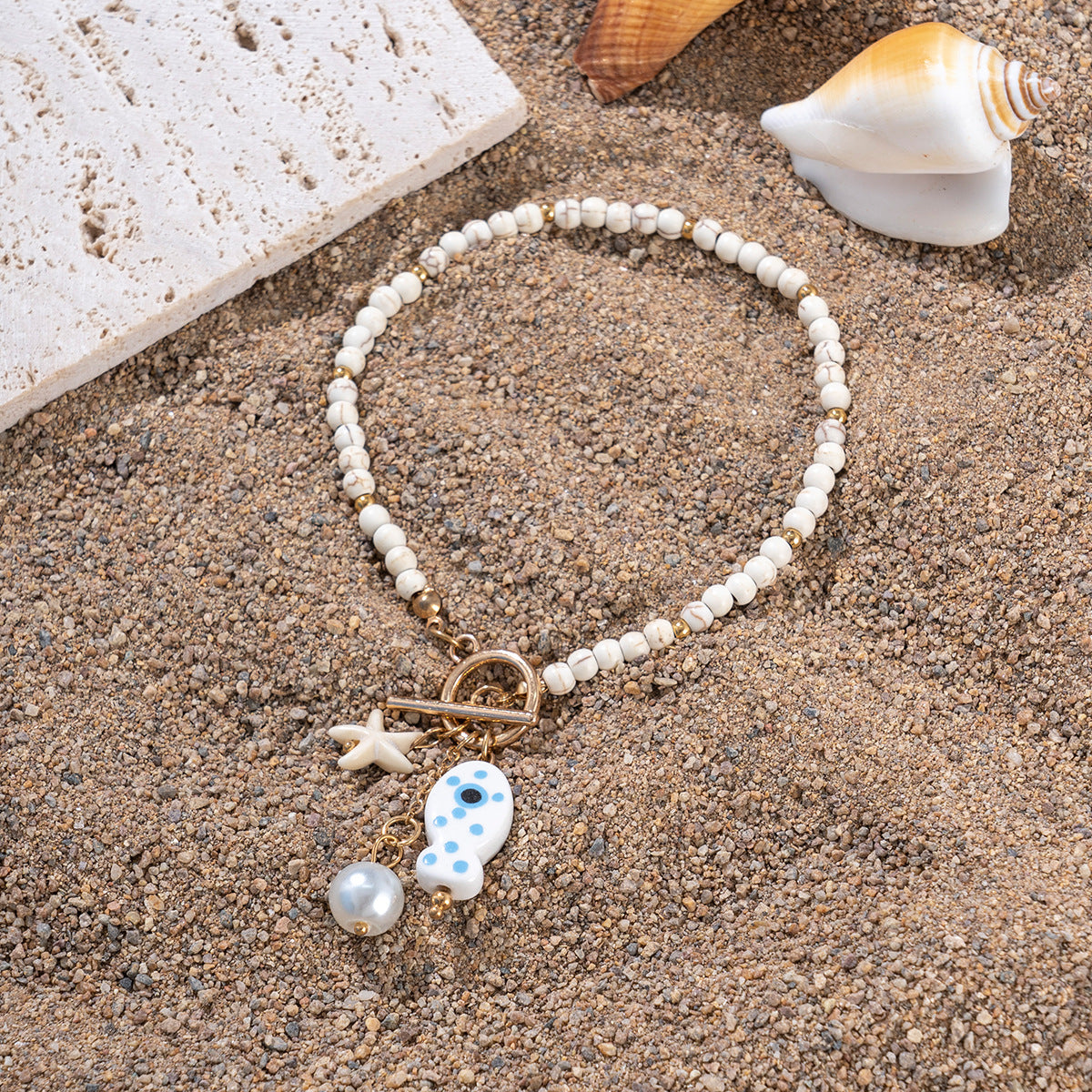 Wholesale Bohemian Blue Fish And Starfish Faux Pearl Beaded Necklace Trendy Party Jewelry Accessory Gift