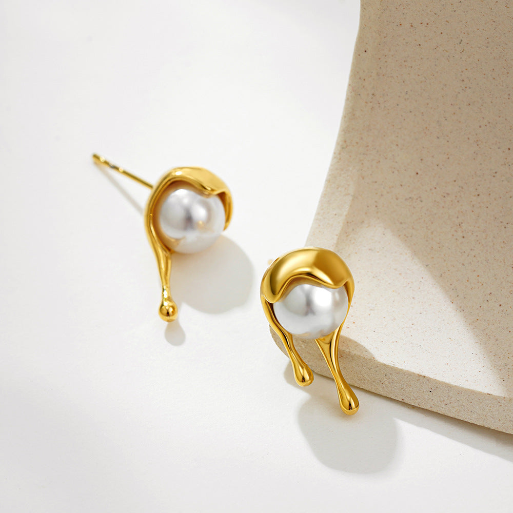 Wholesale  18K gold pearl earrings temperament dissolved water droplets jewelry