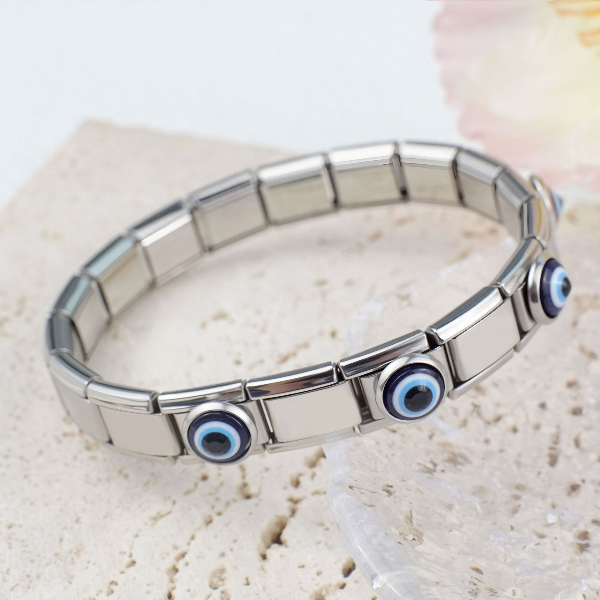 Wholesale 2pcs/pack 9mm Italian Charm Starter Bracelets DIY square Single Section Devil Eye Creative Stainless Steel Composable Bracelet