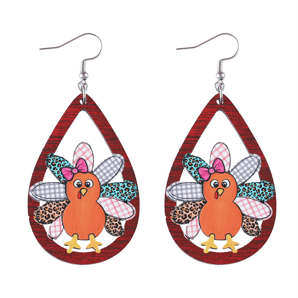 Wholesale Autumn Harvest Thanksgiving Cute Turkey Water Drop Hollow Pendant Earrings