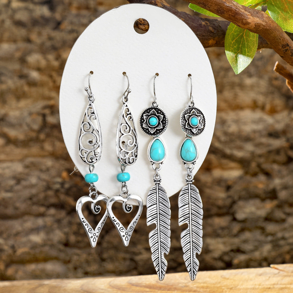 Wholesale Turquoise Tassel Earrings Set - Bohemian Ethnic Style