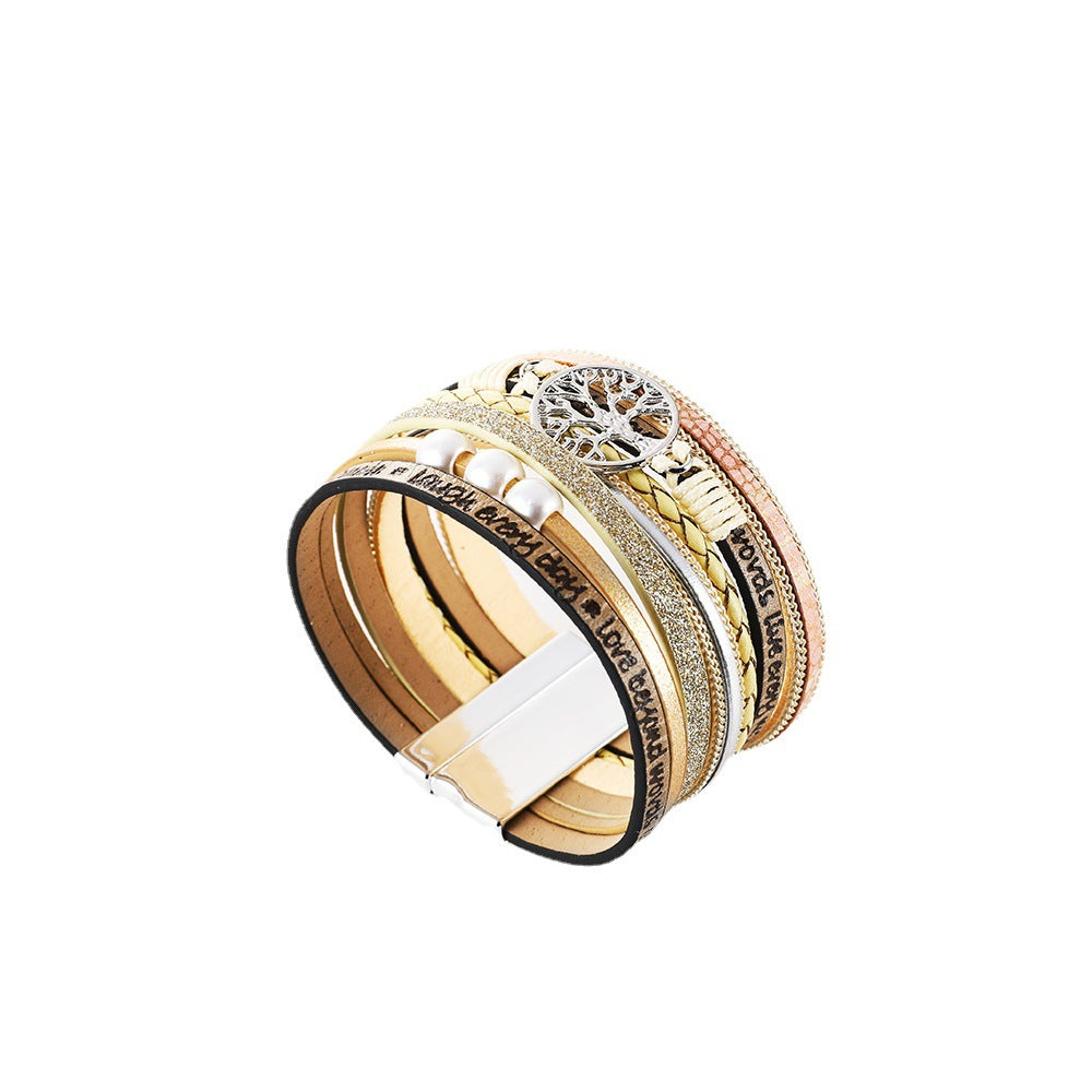 Wholesale Hand Woven Leather Hollow Tree of Life Multilayer Bracelet