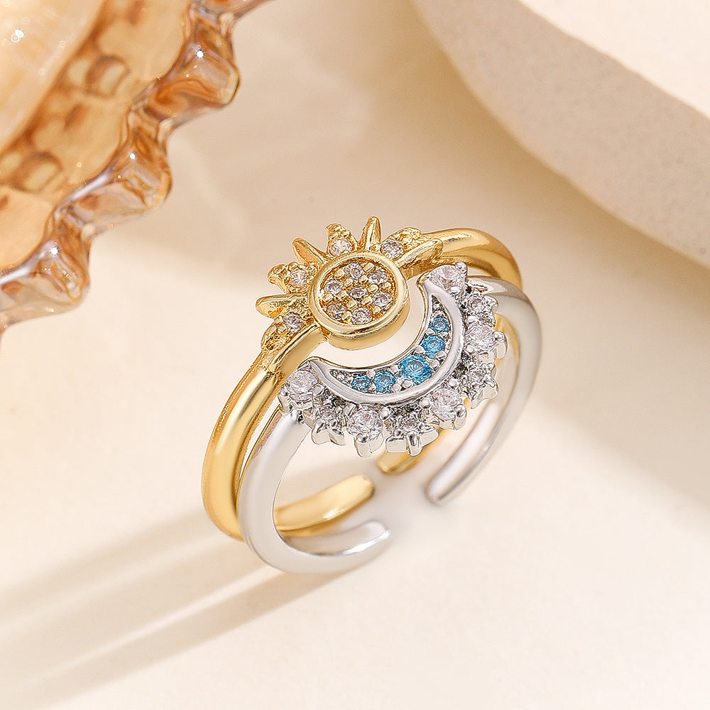 Wholesale Copper Electroplated Sun Moon Ring Stylish Astronomical Jewelry Accessory Gift