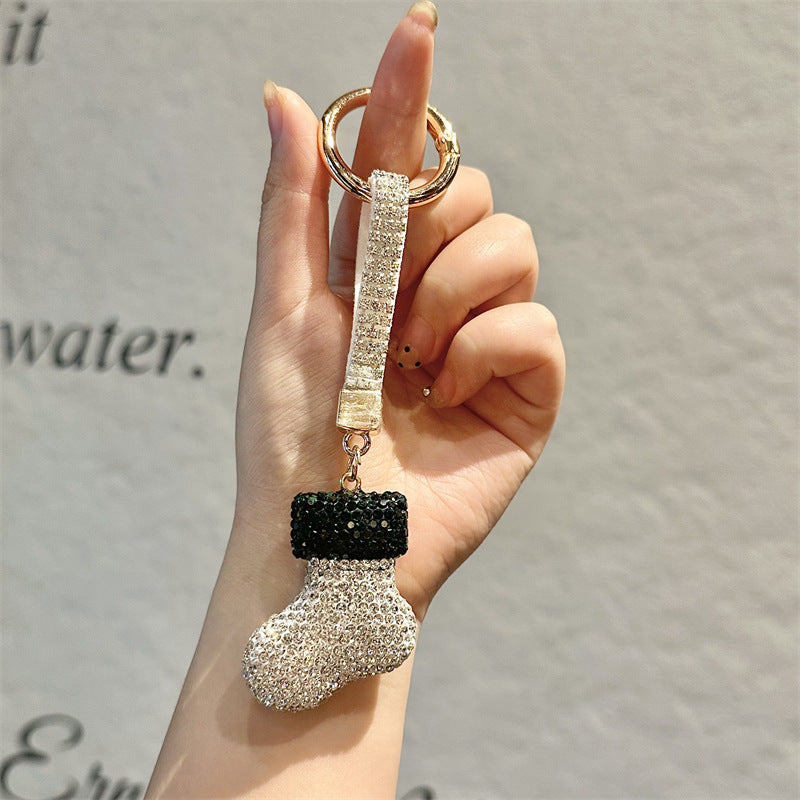 Wholesale diamond-encrusted Christmas keychain,  cartoon Christmas tree metal keychain