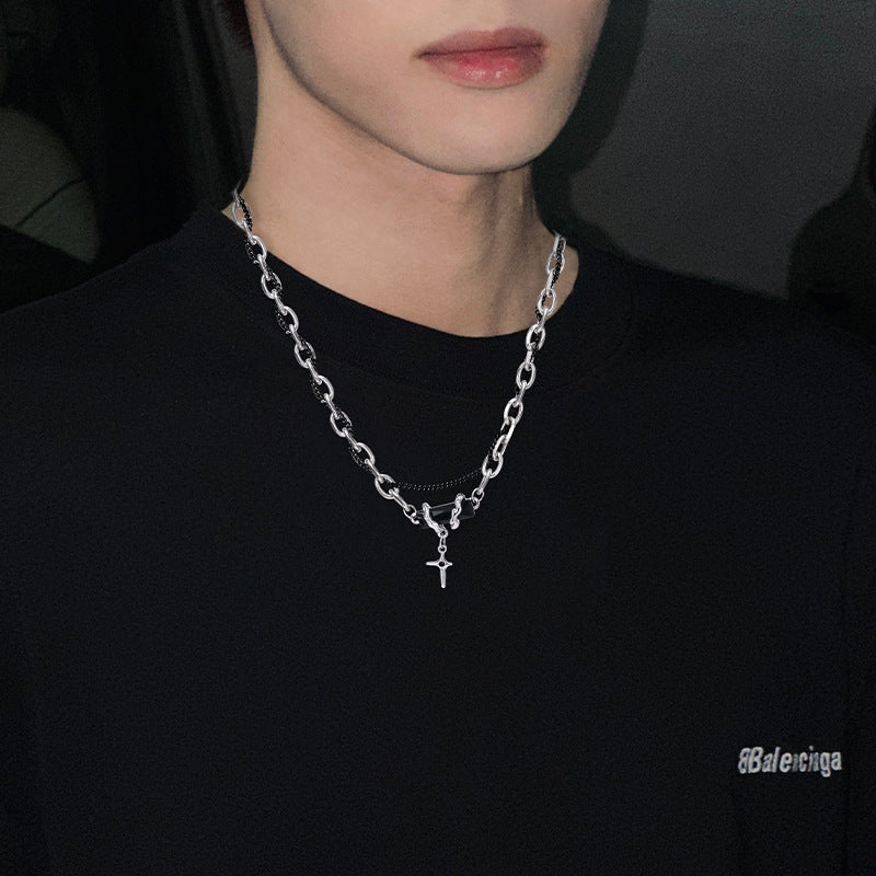 Wholesale Titanium Steel Multi-layer Winding Obsidian Necklace Men's Cross Clavicle Chain ACC-NE-Meihun005