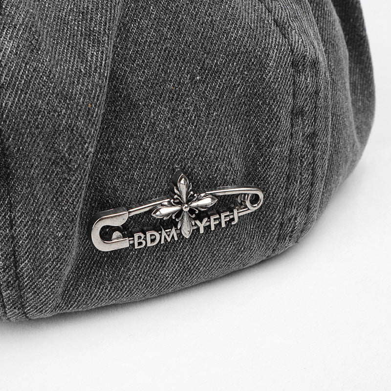 Wholesale Beret  retro washed distressed metal label pin Denim hat