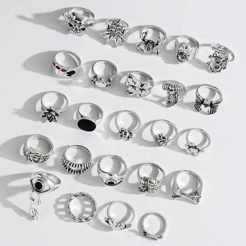 Wholesale Vintage Punk Skeleton  Ring Set 24 Piece Ancient Silver Zinc Alloy Jewelry Accessory