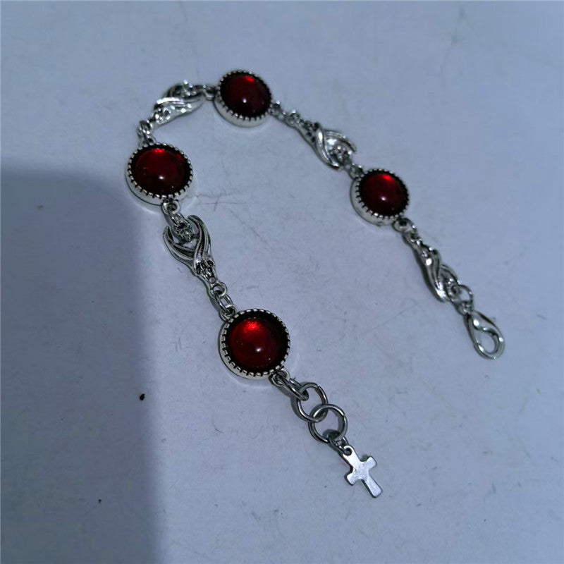 Wholesale Stainless Steel Gothic Bat Bracelet with Blood Red Glass Inlay,  Fashion Accessory for Men and Women