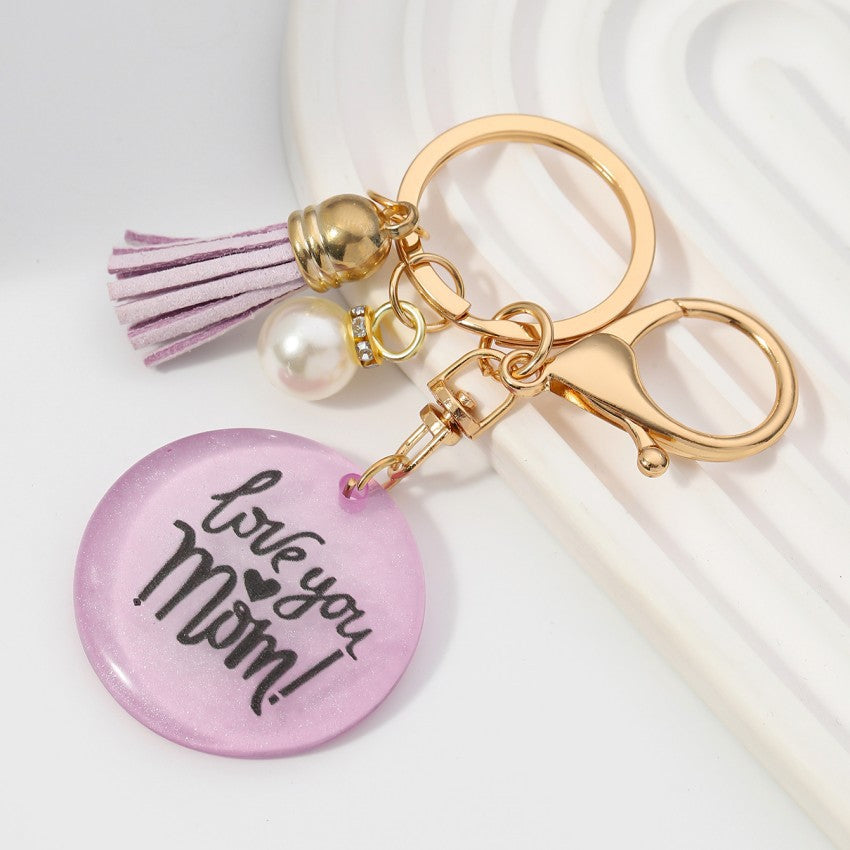 Wholesale MOM tassel pearl resin round card keychain