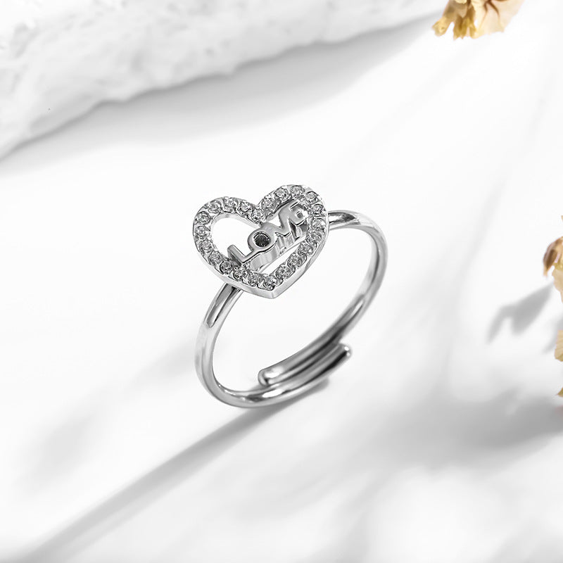 Wholesale 2PCS Titanium steel heart-shaped zircon open ring