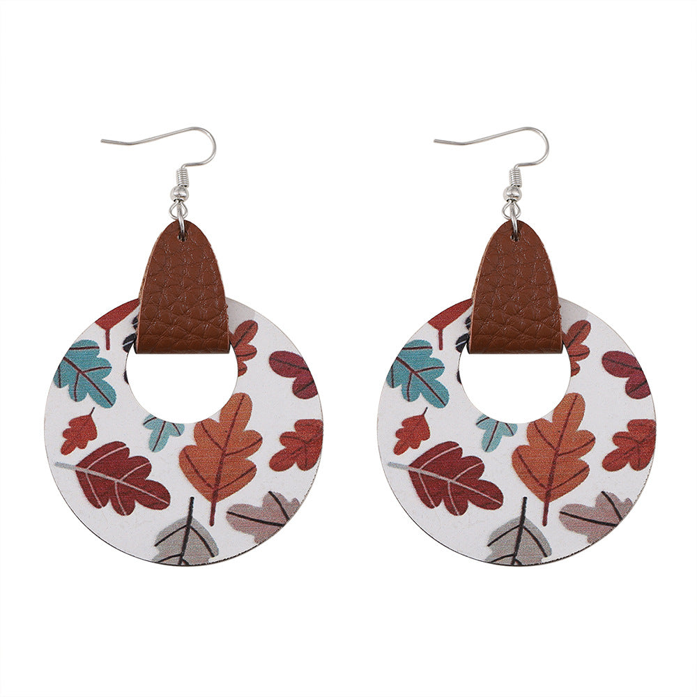 Wholesale Thanksgiving leaf round hollow wooden double-sided pendant earrings