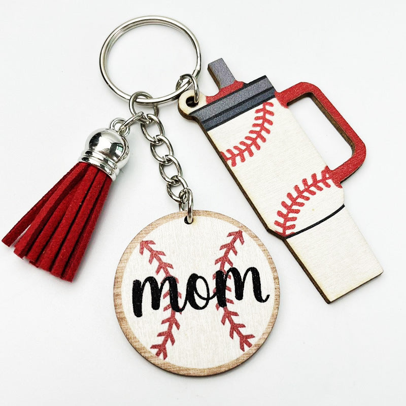 Wholesale 2pcs MOM Cup Football Basketball Tassel Sports Wooden Keychain Creative Keychain ACC-KC-HY026