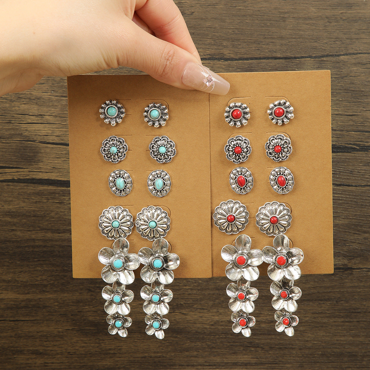 Wholesale 5 pairs of vintage rice ethnic tourist attractions photo red turquoise flower tassel suit earrings