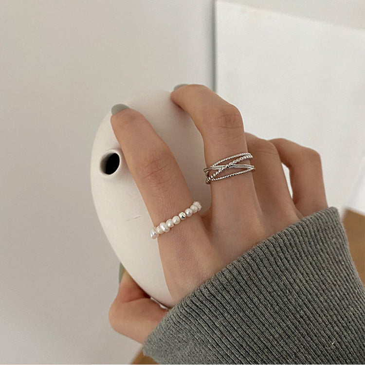 Wholesale  Freshwater Pearl Metal Staggered Opening Ring All-match Elegant Ring Cold Style