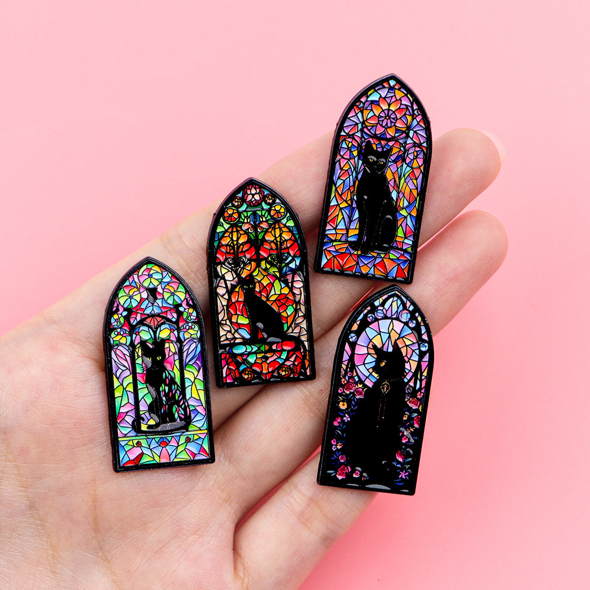 Wholesale Stained Window Black Cat Brooch