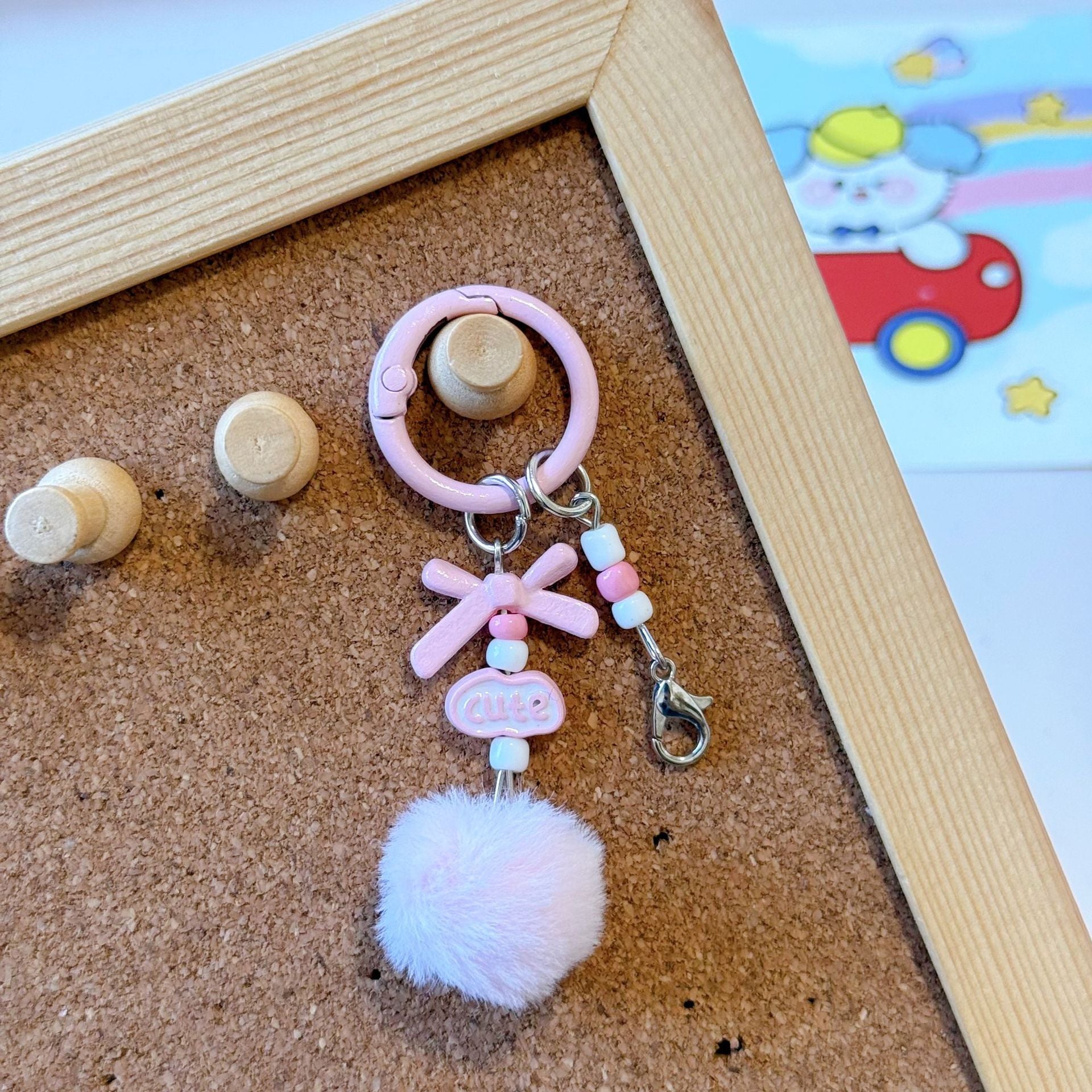 Wholesale Stylish DIY Cute Keychain Craft Kit Metal Lobster Clasps Beads Pom Poms Bows For Bag Charm Car Key Accessory Boutique Resale