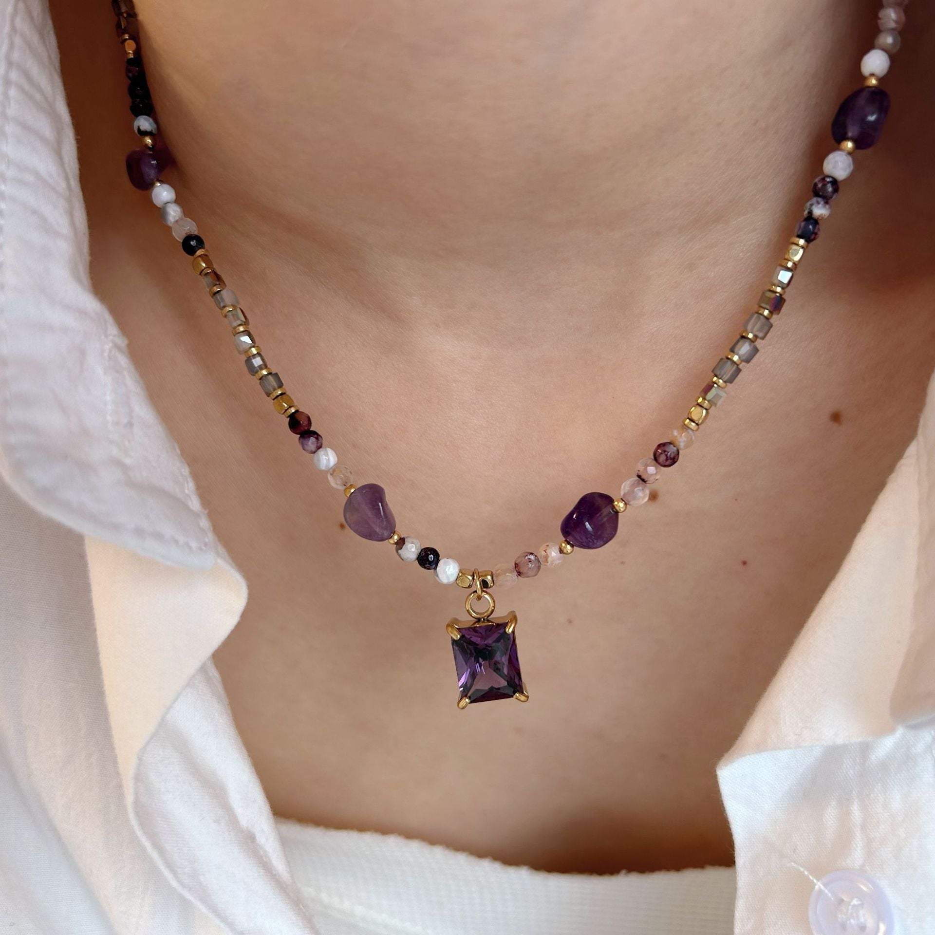 Wholesale Stainless Steel Amethyst Natural Stone Rice Bead Necklace