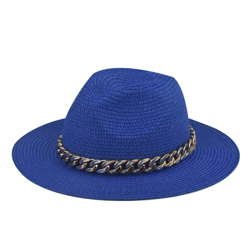 Wholesale Trendy Wide Brim Straw Hat With Gold Chain Decoration Flat Top Khaki Sun Hat For Summer Casual Wear