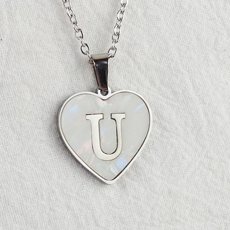Wholesale 26 English Letters Heart Inlaid Shell Titanium Steel Necklace ACC-NE-DingChao002