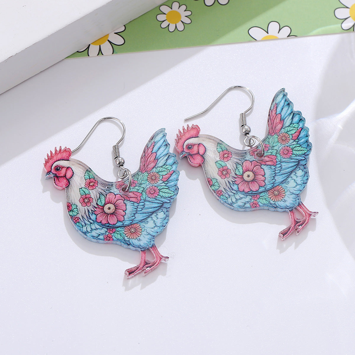 Wholesale Western Farm Flower Hen Pendant Earrings