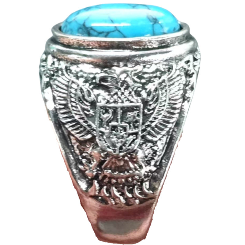 Wholesale alloy silver-plated turquoise retro double-headed eagle ring