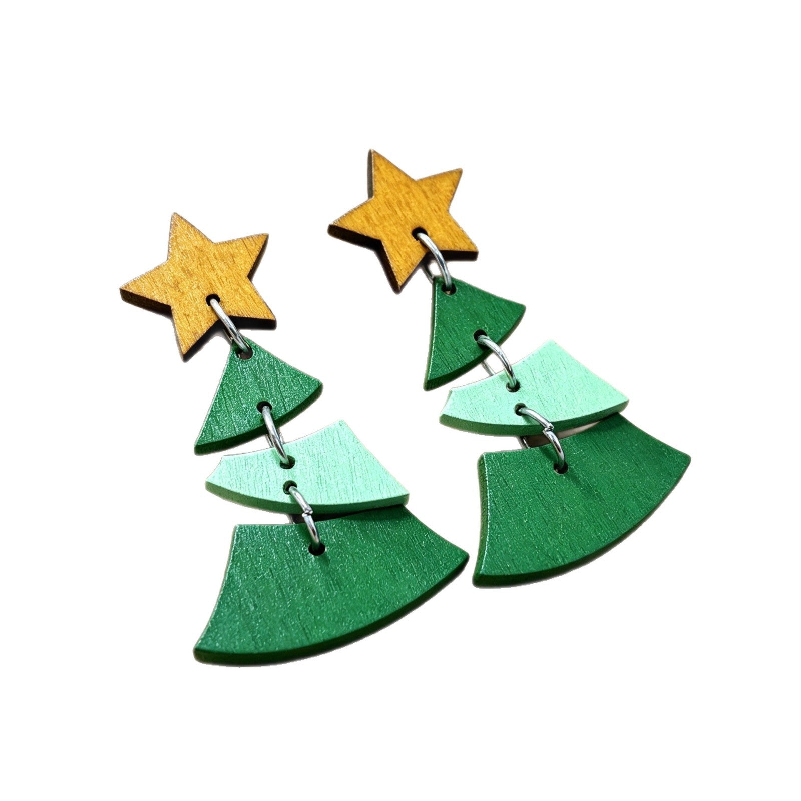 Wholesale Retro Color-Blocking Christmas Tree Earrings Wooden Jewelry Accessory