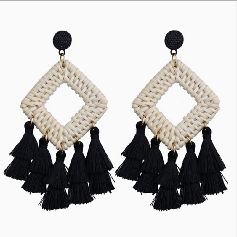 Wholesale Retro Exaggerated Bohemian Rattan Raffia Tassel Vintage Earrings ACC-ES-Boman001