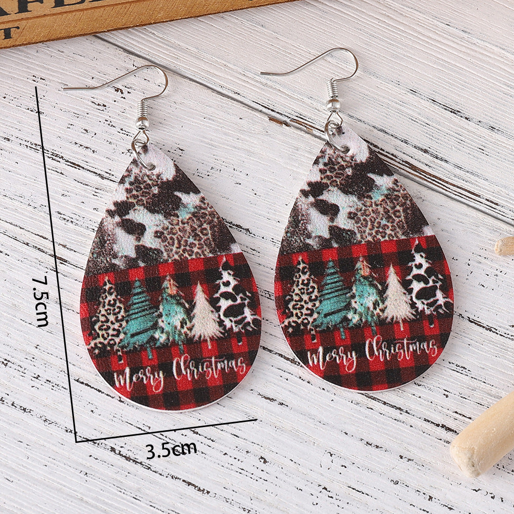 Wholesale Christmas Leopard Cow Plaid Christmas Tree Water Drop PU Leather Earrings ACC-ES-ChuLian068