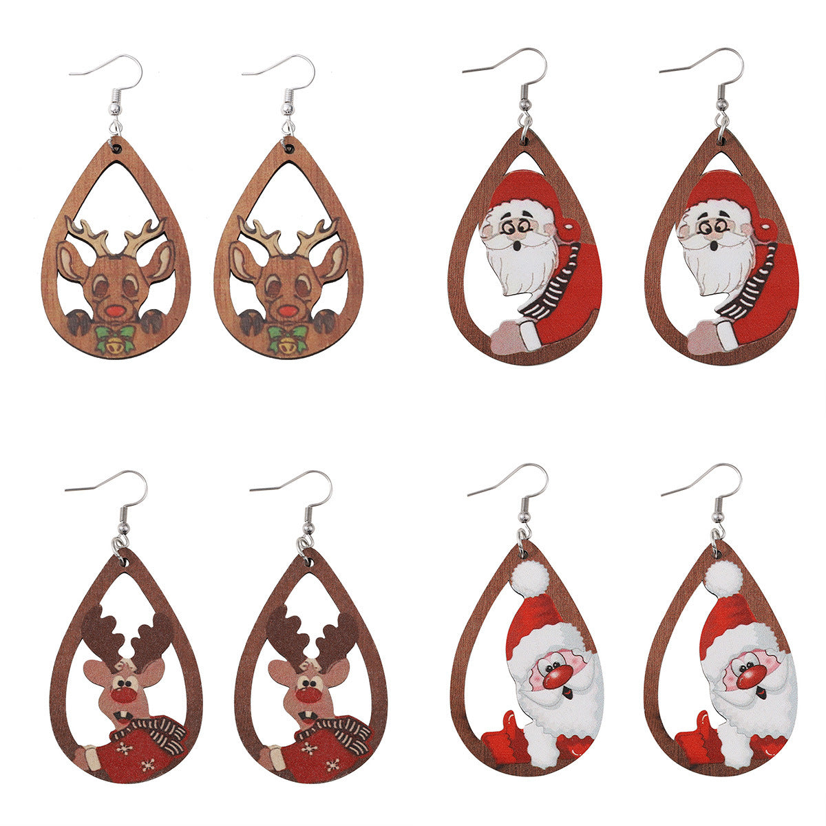 Wholesale Christmas Santa Elk Water Drop Pendant WoodenEarrings