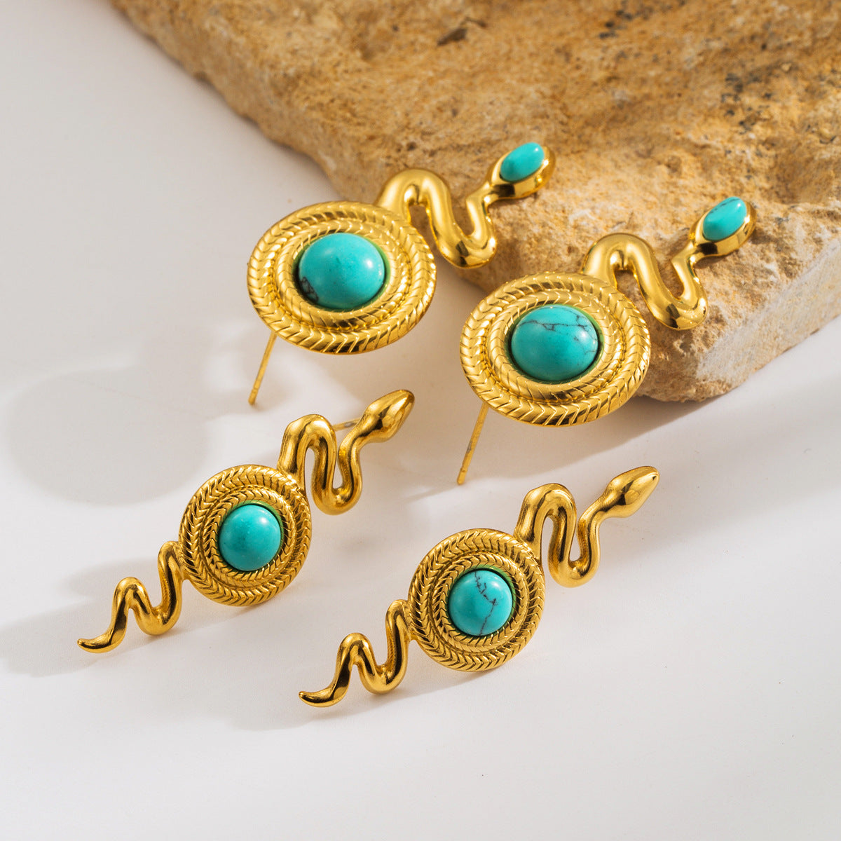 Wholesale Style Niche Design Sense Serpentine Earrings Stainless Steel Plated 14k Gold Set Turquoise Earrings