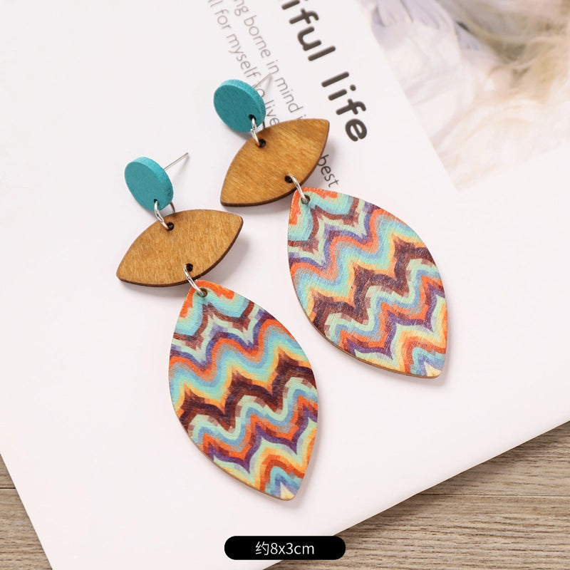 Wholesale Bohemian Wooden Ear Studs Geometric Stripe Ethnic Print Fashion Jewelry Accessory Boutique Gift