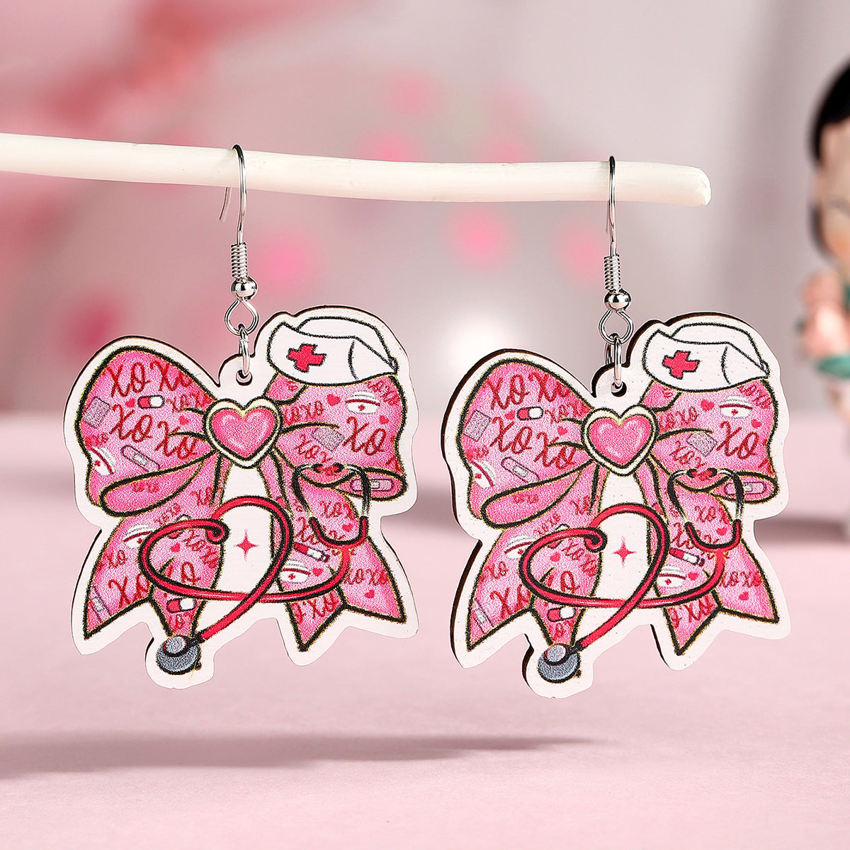 Wholesale  Nurses Festival Wooden Earrings Cute Love Stethoscope Earrings