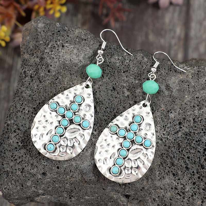 Wholesale Bohemian Drop-Shaped Hammered Earrings with Synthetic Turquoise Cross,  Zinc Alloy Electroplated - Trendy Jewelry Accessory