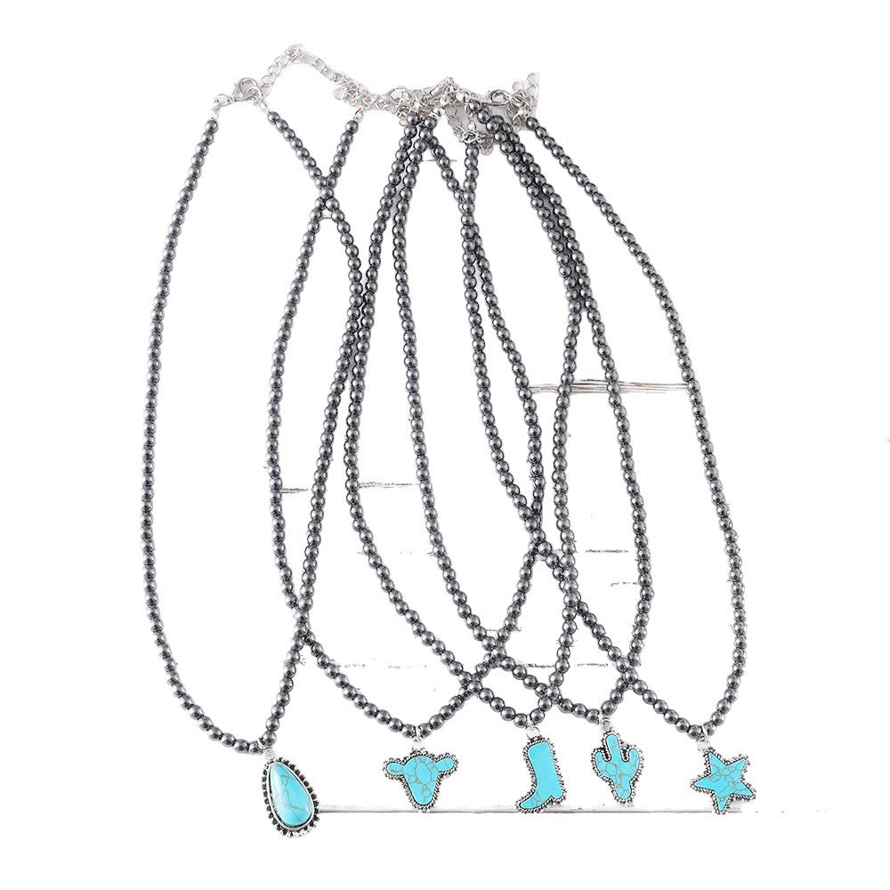 Wholesale Black Ball Bead Necklace  Cowboy Boots Bull Head Five-Pointed Star Jewelry