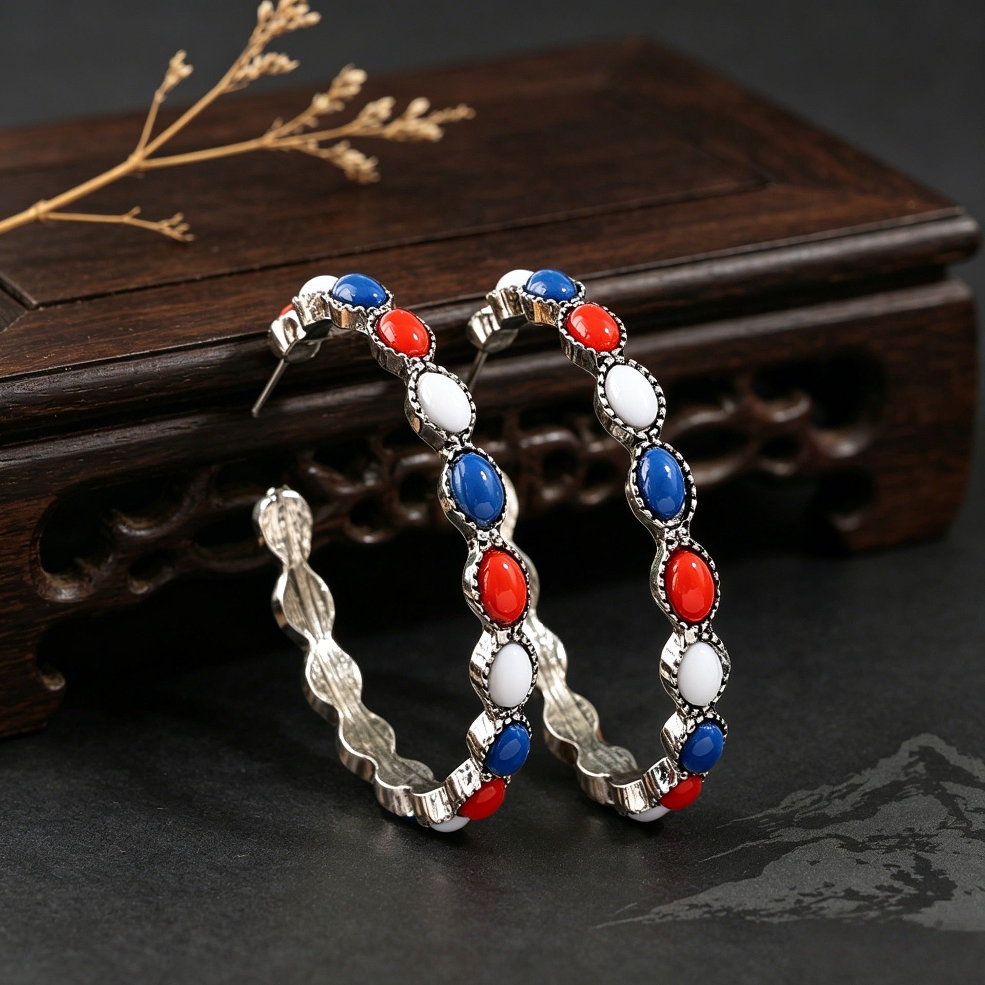 Wholesale Red White Blue C Shape Hoop Earrings American Flag Independence Day Jewelry Accessory