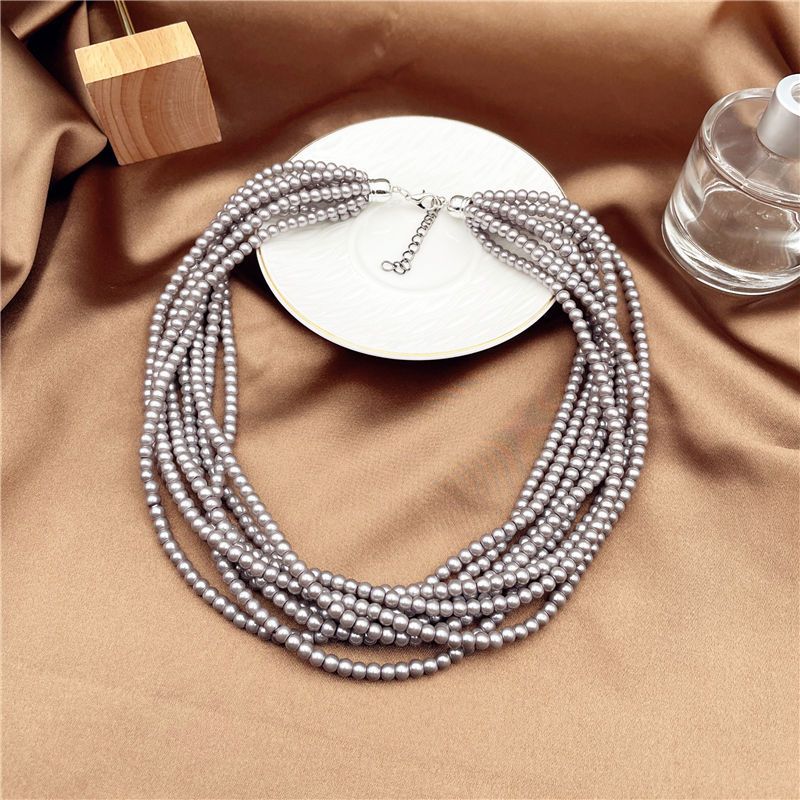 Wholesale retro multi-layer silver gray glass pearl necklace