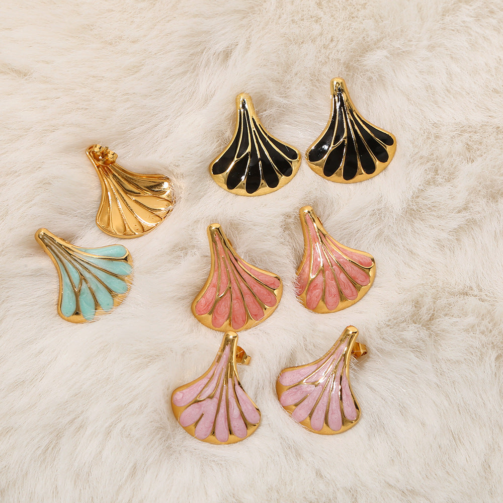 Wholesale Chic Ginkgo Leaf Fan-Shape Earrings Stainless Steel Drop Oil Vintage Gold Fashion Accessory