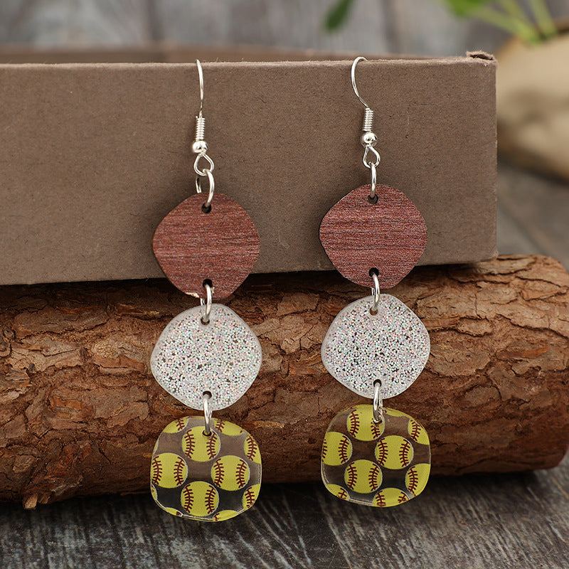 Wholesale  Retro Multiple Geometric Splicing Printed Baseball Sports Style Earrings